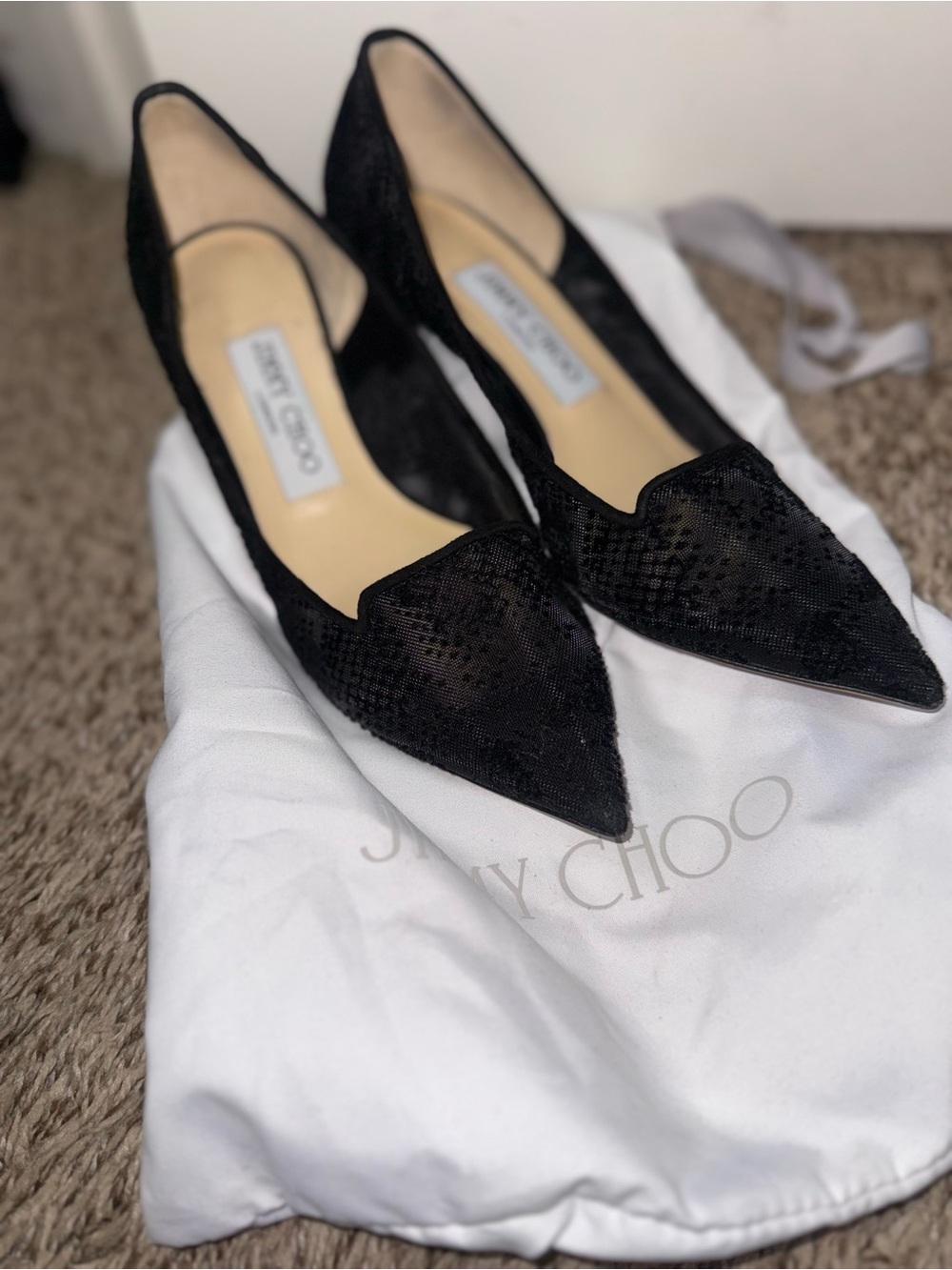 Jimmy Choo Allure Black Lace Pointed-Toe Heels – Size 35.5